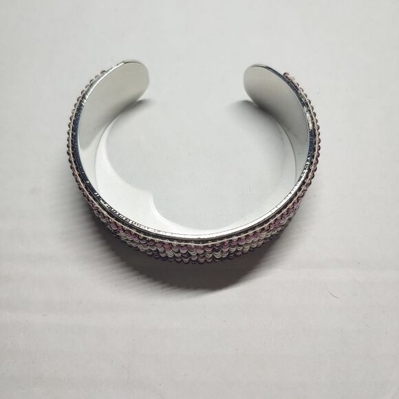Loom Beaded Bracelet Cuff Pearl, Purple and Pink - Picture 3 of 4